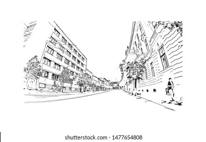 Building view with landmark of Cluj-Napoca, a city in northwestern Romania, is the unofficial capital of the Transylvania region. Hand drawn sketch illustration in vector.