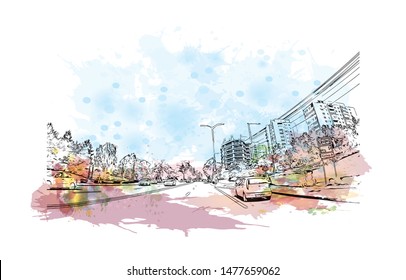 Building view with landmark of Cluj-Napoca, a city in northwestern Romania, is the unofficial capital of the Transylvania region. Watercolor splash with Hand drawn sketch illustration in vector.