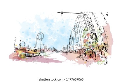 Building view with landmark of Cluj-Napoca, a city in northwestern Romania, is the unofficial capital of the Transylvania region. Watercolor splash with Hand drawn sketch illustration in vector.
