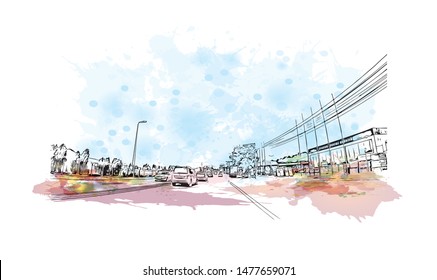 Building view with landmark of Cluj-Napoca, a city in northwestern Romania, is the unofficial capital of the Transylvania region. Watercolor splash with Hand drawn sketch illustration in vector.