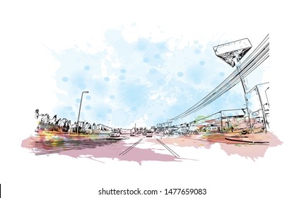 Building view with landmark of Cluj-Napoca, a city in northwestern Romania, is the unofficial capital of the Transylvania region. Watercolor splash with Hand drawn sketch illustration in vector.