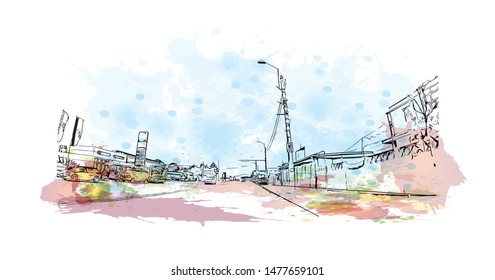 Building view with landmark of Cluj-Napoca, a city in northwestern Romania, is the unofficial capital of the Transylvania region. Watercolor splash with Hand drawn sketch illustration in vector.