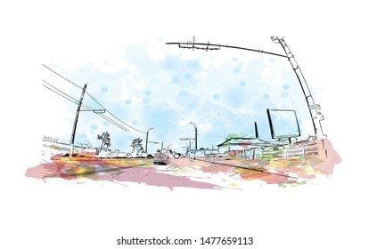 Building view with landmark of Cluj-Napoca, a city in northwestern Romania, is the unofficial capital of the Transylvania region. Watercolor splash with Hand drawn sketch illustration in vector.