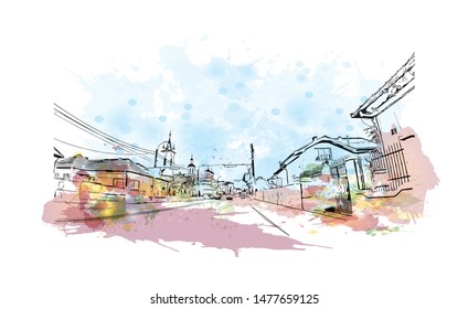 Building view with landmark of Cluj-Napoca, a city in northwestern Romania, is the unofficial capital of the Transylvania region. Watercolor splash with Hand drawn sketch illustration in vector.