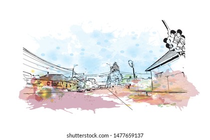 Building view with landmark of Cluj-Napoca, a city in northwestern Romania, is the unofficial capital of the Transylvania region. Watercolor splash with Hand drawn sketch illustration in vector.