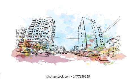Building view with landmark of Cluj-Napoca, a city in northwestern Romania, is the unofficial capital of the Transylvania region. Watercolor splash with Hand drawn sketch illustration in vector.