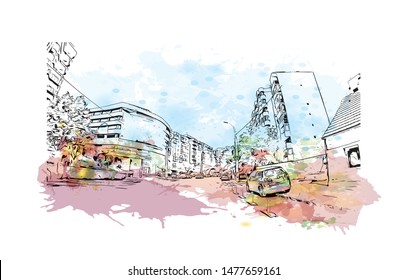 Building view with landmark of Cluj-Napoca, a city in northwestern Romania, is the unofficial capital of the Transylvania region. Watercolor splash with Hand drawn sketch illustration in vector.