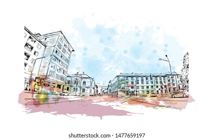 Building view with landmark of Cluj-Napoca, a city in northwestern Romania, is the unofficial capital of the Transylvania region. Watercolor splash with Hand drawn sketch illustration in vector.