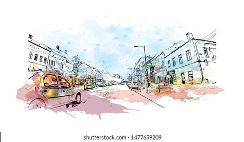 Building view with landmark of Cluj-Napoca, a city in northwestern Romania, is the unofficial capital of the Transylvania region. Watercolor splash with Hand drawn sketch illustration in vector.