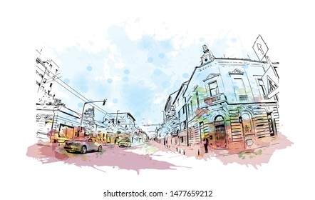 Building view with landmark of Cluj-Napoca, a city in northwestern Romania, is the unofficial capital of the Transylvania region. Watercolor splash with Hand drawn sketch illustration in vector.