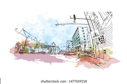 Building view with landmark of Cluj-Napoca, a city in northwestern Romania, is the unofficial capital of the Transylvania region. Watercolor splash with Hand drawn sketch illustration in vector.