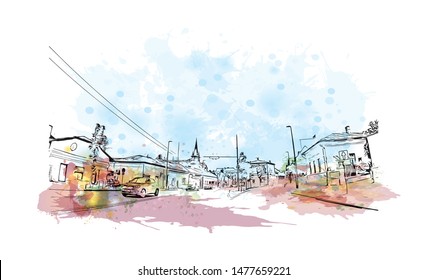 Building view with landmark of Cluj-Napoca, a city in northwestern Romania, is the unofficial capital of the Transylvania region. Watercolor splash with Hand drawn sketch illustration in vector.