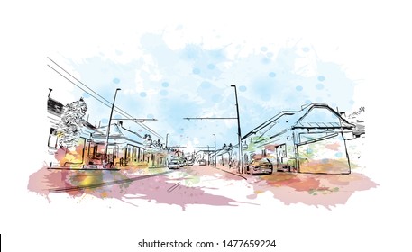 Building view with landmark of Cluj-Napoca, a city in northwestern Romania, is the unofficial capital of the Transylvania region. Watercolor splash with Hand drawn sketch illustration in vector.