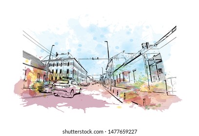 Building view with landmark of Cluj-Napoca, a city in northwestern Romania, is the unofficial capital of the Transylvania region. Watercolor splash with Hand drawn sketch illustration in vector.