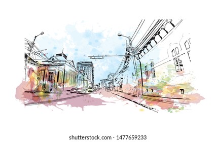 Building view with landmark of Cluj-Napoca, a city in northwestern Romania, is the unofficial capital of the Transylvania region. Watercolor splash with Hand drawn sketch illustration in vector.