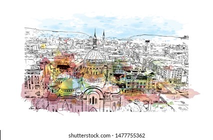 Building view with landmark of Cluj-Napoca, a city in northwestern Romania. Watercolor splash with Hand drawn sketch illustration in vector.