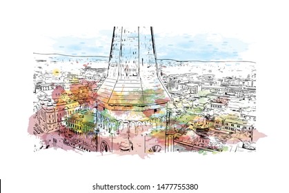 Building view with landmark of Cluj-Napoca, a city in northwestern Romania. Watercolor splash with Hand drawn sketch illustration in vector.