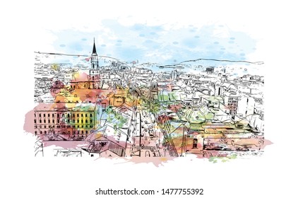 Building view with landmark of Cluj-Napoca, a city in northwestern Romania. Watercolor splash with Hand drawn sketch illustration in vector.