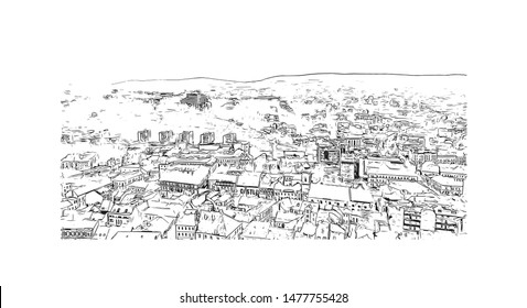 Building view with landmark of Cluj-Napoca, a city in northwestern Romania. Hand drawn sketch illustration in vector.