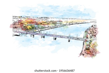 Building view with landmark of Coimbra is the 
city in Portugal. Watercolour splash with hand drawn sketch illustration in vector.