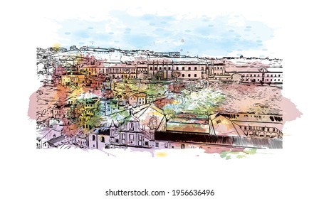 Building view with landmark of Coimbra is the 
city in Portugal. Watercolour splash with hand drawn sketch illustration in vector.