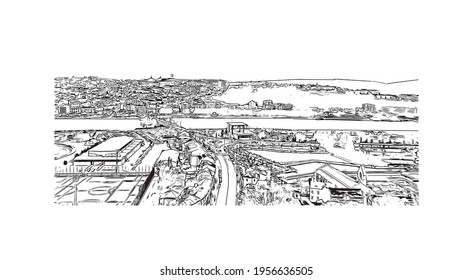 Building view with landmark of Coimbra is the 
city in Portugal. Hand drawn sketch illustration in vector.