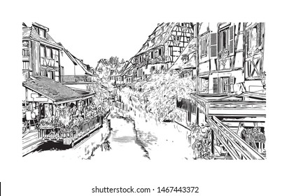Building view with landmark of Colmar and Alsace is a town in the Grand Est region of northeastern France. Hand drawn sketch illustration in vector.