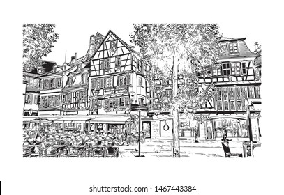 Building view with landmark of Colmar and Alsace is a town in the Grand Est region of northeastern France. Hand drawn sketch illustration in vector.