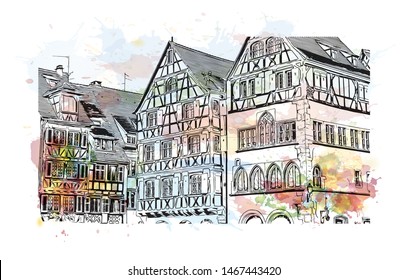 Building view with landmark of Colmar and Alsace is a town in the Grand Est region of northeastern France. Watercolor splash with Hand drawn sketch illustration in vector.