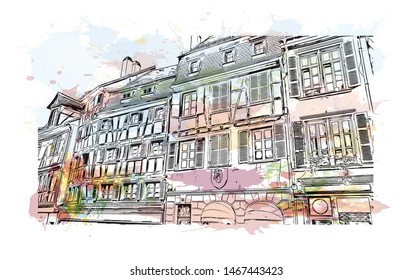 Building view with landmark of Colmar and Alsace is a town in the Grand Est region of northeastern France. Watercolor splash with Hand drawn sketch illustration in vector.