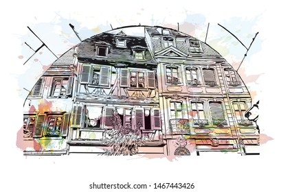 Building view with landmark of Colmar and Alsace is a town in the Grand Est region of northeastern France. Watercolor splash with Hand drawn sketch illustration in vector.