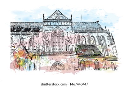 Building view with landmark of Colmar and Alsace is a town in the Grand Est region of northeastern France. Watercolor splash with Hand drawn sketch illustration in vector.