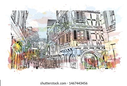 Building view with landmark of Colmar and Alsace is a town in the Grand Est region of northeastern France. Watercolor splash with Hand drawn sketch illustration in vector.