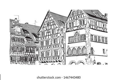 Building view with landmark of Colmar and Alsace is a town in the Grand Est region of northeastern France. Hand drawn sketch illustration in vector.