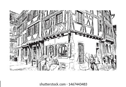 Building view with landmark of Colmar and Alsace is a town in the Grand Est region of northeastern France. Hand drawn sketch illustration in vector.