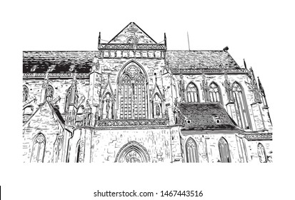 Building view with landmark of Colmar and Alsace is a town in the Grand Est region of northeastern France. Hand drawn sketch illustration in vector.