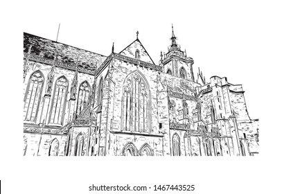 Building view with landmark of Colmar and Alsace is a town in the Grand Est region of northeastern France. Hand drawn sketch illustration in vector.