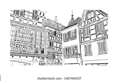 Building view with landmark of Colmar and Alsace is a town in the Grand Est region of northeastern France. Hand drawn sketch illustration in vector.