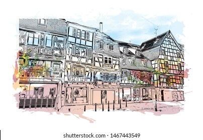 Building view with landmark of Colmar and Alsace is a town in the Grand Est region of northeastern France. Watercolor splash with Hand drawn sketch illustration in vector.