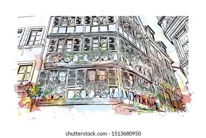 Building view with landmark of Colmar is a town in the Grand Est region of northeastern France. Watercolor splash with Hand drawn sketch illustration in vector.