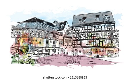 Building view with landmark of Colmar is a town in the Grand Est region of northeastern France. Watercolor splash with Hand drawn sketch illustration in vector.