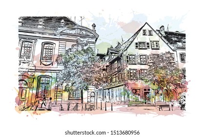 Building view with landmark of Colmar is a town in the Grand Est region of northeastern France. Watercolor splash with Hand drawn sketch illustration in vector.