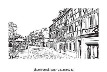 Building view with landmark of Colmar is a town in the Grand Est region of northeastern France. Hand drawn sketch illustration in vector.