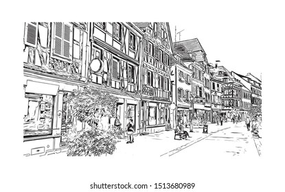 Building view with landmark of Colmar is a town in the Grand Est region of northeastern France. Hand drawn sketch illustration in vector.