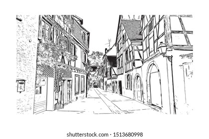 Building view with landmark of Colmar is a town in the Grand Est region of northeastern France. Hand drawn sketch illustration in vector.