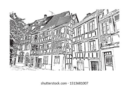 Building view with landmark of Colmar is a town in the Grand Est region of northeastern France. Hand drawn sketch illustration in vector.