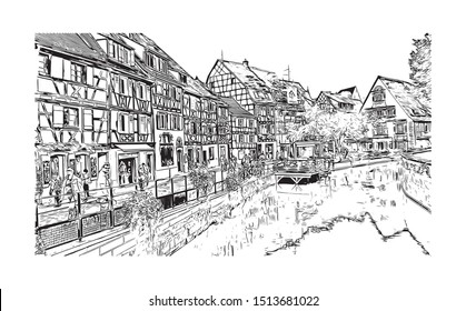 Building view with landmark of Colmar is a town in the Grand Est region of northeastern France. Hand drawn sketch illustration in vector.