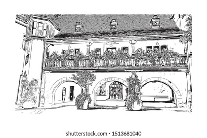 Building view with landmark of Colmar is a town in the Grand Est region of northeastern France. Hand drawn sketch illustration in vector.