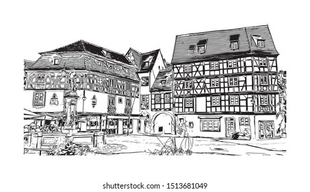 Building view with landmark of Colmar is a town in the Grand Est region of northeastern France. Hand drawn sketch illustration in vector.