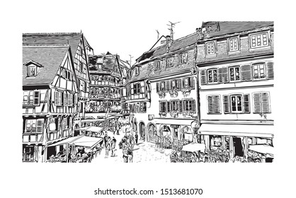 Building view with landmark of Colmar is a town in the Grand Est region of northeastern France. Hand drawn sketch illustration in vector.